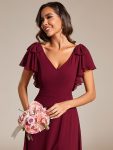 Short Sleeves with Bowknot High Front Slit A-Line Chiffon Bridesmaid Dress – Burgundy