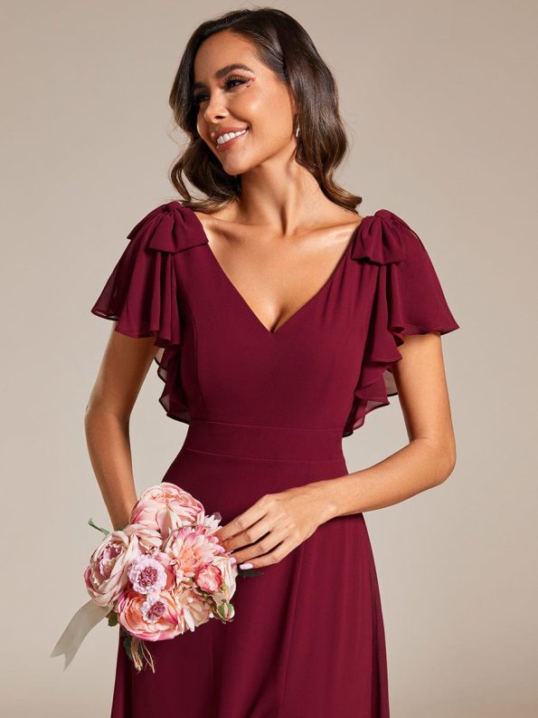 Short Sleeves with Bowknot High Front Slit A-Line Chiffon Bridesmaid Dress - Burgundy