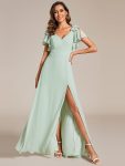 Short Sleeves with Bowknot High Front Slit A-Line Chiffon Bridesmaid Dress – Mint Green