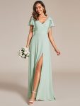 Short Sleeves with Bowknot High Front Slit A-Line Chiffon Bridesmaid Dress – Mint Green