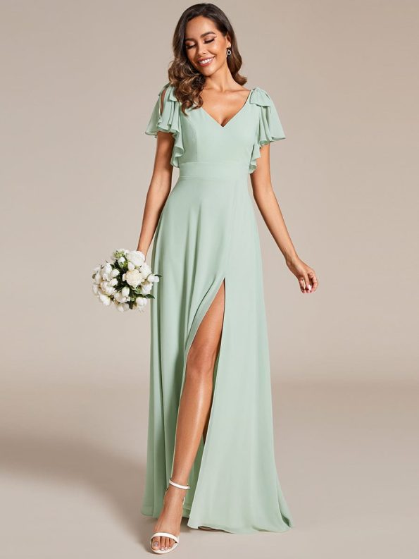 Short Sleeves with Bowknot High Front Slit A-Line Chiffon Bridesmaid Dress - Mint Green