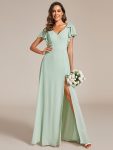 Short Sleeves with Bowknot High Front Slit A-Line Chiffon Bridesmaid Dress – Mint Green