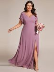 Short Sleeves with Bowknot High Front Slit A-Line Chiffon Bridesmaid Dress – Purple Orchid