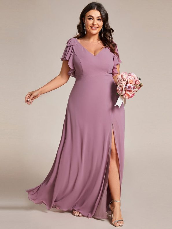 Short Sleeves with Bowknot High Front Slit A-Line Chiffon Bridesmaid Dress - Purple Orchid