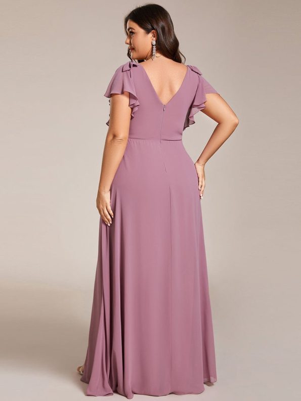 Short Sleeves with Bowknot High Front Slit A-Line Chiffon Bridesmaid Dress - Purple Orchid