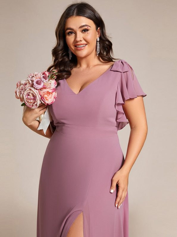 Short Sleeves with Bowknot High Front Slit A-Line Chiffon Bridesmaid Dress - Purple Orchid