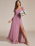 Short Sleeves with Bowknot High Front Slit A-Line Chiffon Bridesmaid Dress – Purple Orchid