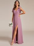 Short Sleeves with Bowknot High Front Slit A-Line Chiffon Bridesmaid Dress – Purple Orchid