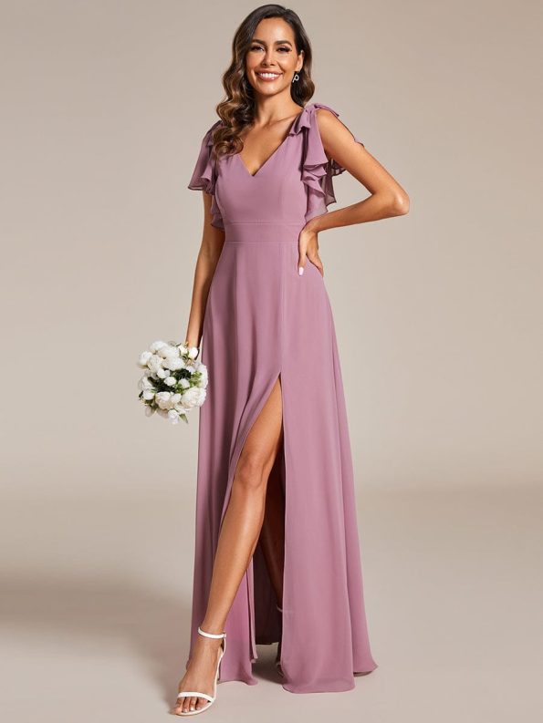 Short Sleeves with Bowknot High Front Slit A-Line Chiffon Bridesmaid Dress - Purple Orchid