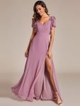 Short Sleeves with Bowknot High Front Slit A-Line Chiffon Bridesmaid Dress – Purple Orchid