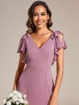 Short Sleeves with Bowknot High Front Slit A-Line Chiffon Bridesmaid Dress – Purple Orchid