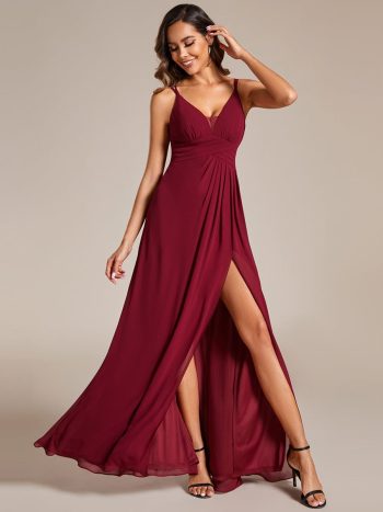 Deep V-Neck High Front Slit Spaghetti Strap Back X-Cross Bridesmaid Dress - Burgundy