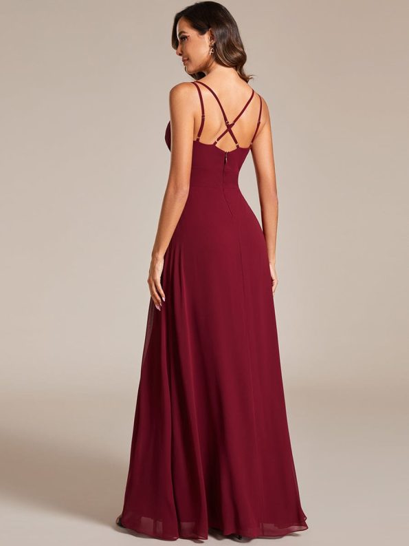 Deep V-Neck High Front Slit Spaghetti Strap Back X-Cross Bridesmaid Dress - Burgundy