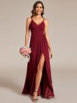 Deep V-Neck High Front Slit Spaghetti Strap Back X-Cross Bridesmaid Dress – Burgundy