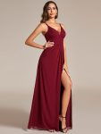 Deep V-Neck High Front Slit Spaghetti Strap Back X-Cross Bridesmaid Dress – Burgundy