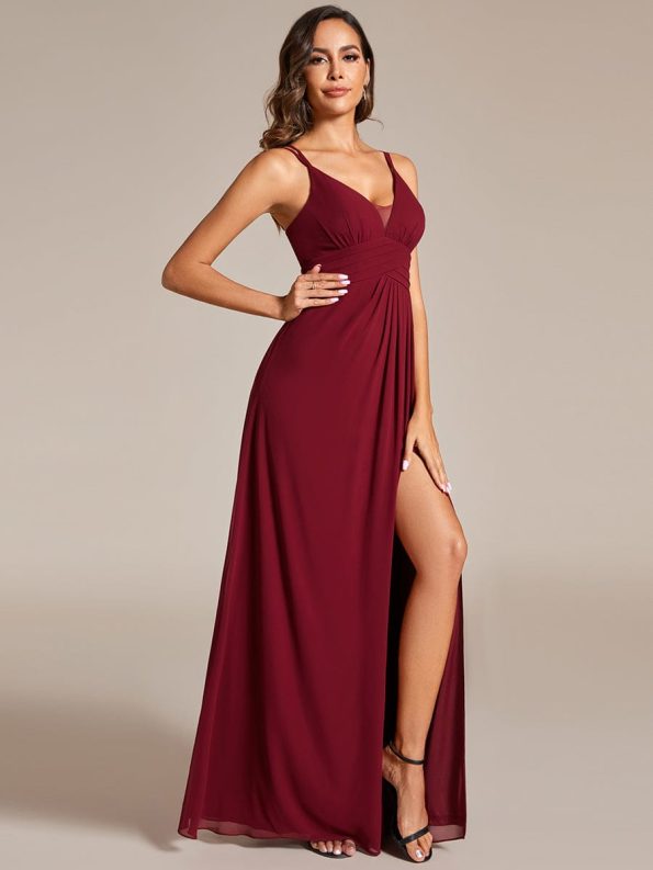 Deep V-Neck High Front Slit Spaghetti Strap Back X-Cross Bridesmaid Dress - Burgundy