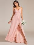 Deep V-Neck High Front Slit Spaghetti Strap Back X-Cross Bridesmaid Dress – Pink