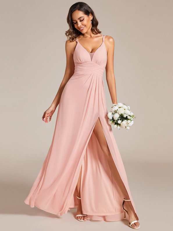 Deep V-Neck High Front Slit Spaghetti Strap Back X-Cross Bridesmaid Dress - Pink