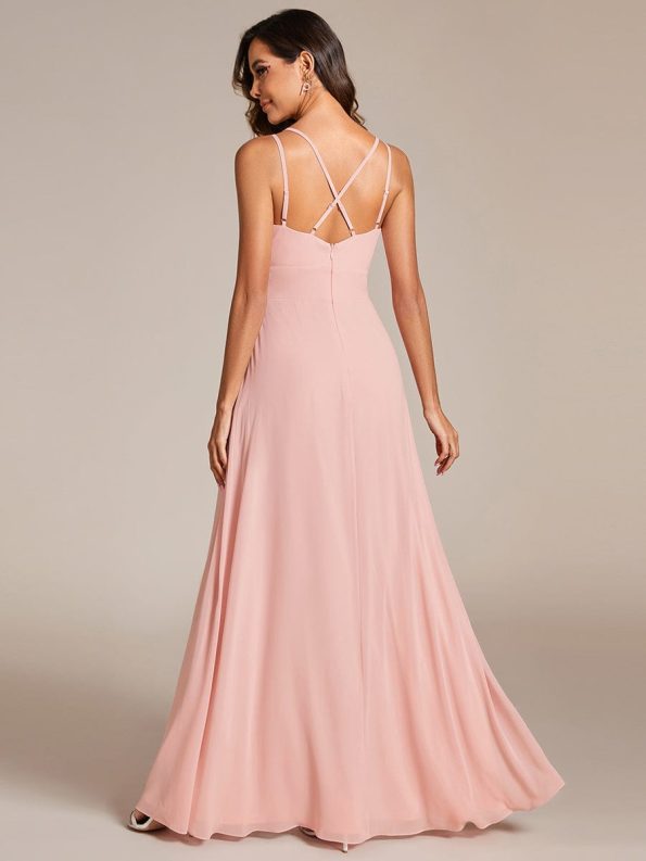 Deep V-Neck High Front Slit Spaghetti Strap Back X-Cross Bridesmaid Dress - Pink