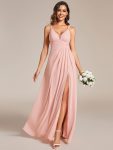 Deep V-Neck High Front Slit Spaghetti Strap Back X-Cross Bridesmaid Dress - Pink