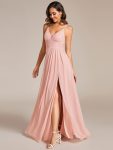 Deep V-Neck High Front Slit Spaghetti Strap Back X-Cross Bridesmaid Dress – Pink