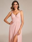 Deep V-Neck High Front Slit Spaghetti Strap Back X-Cross Bridesmaid Dress – Pink