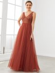 V-Neck Sleeveless A-Line Tulle Bridesmaid Dress - Brick Red