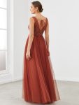 V-Neck Sleeveless A-Line Tulle Bridesmaid Dress – Brick Red