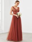 V-Neck Sleeveless A-Line Tulle Bridesmaid Dress – Brick Red