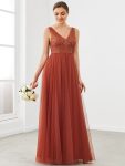 V-Neck Sleeveless A-Line Tulle Bridesmaid Dress – Brick Red