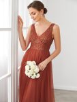 V-Neck Sleeveless A-Line Tulle Bridesmaid Dress – Brick Red