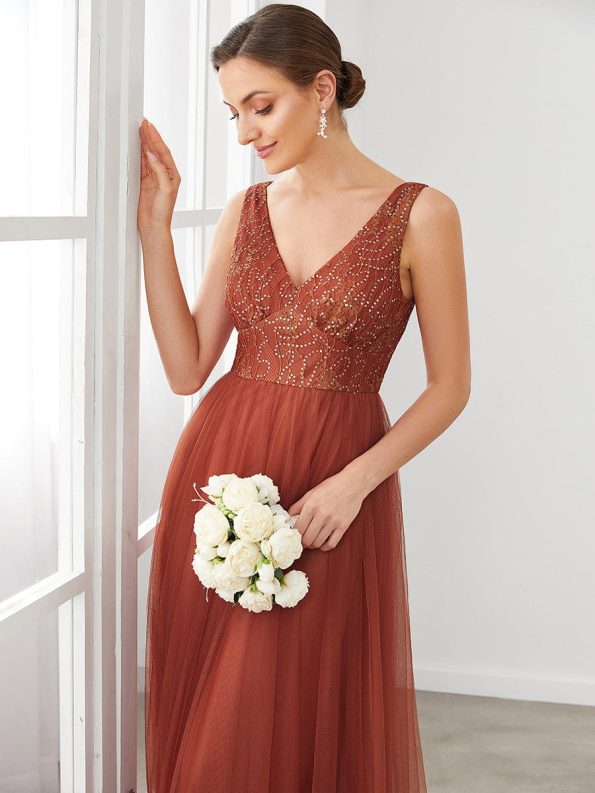 V-Neck Sleeveless A-Line Tulle Bridesmaid Dress - Brick Red