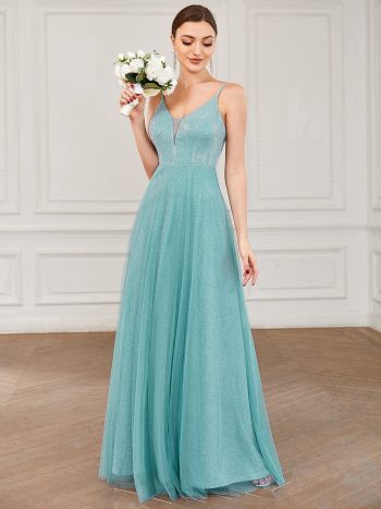A-Line Sparkly V-Neck Illusion Panel Bridesmaid Dress - Dusty Blue