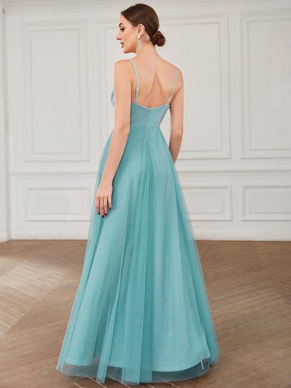 A-Line Sparkly V-Neck Illusion Panel Bridesmaid Dress - Dusty Blue