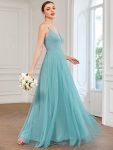 A-Line Sparkly V-Neck Illusion Panel Bridesmaid Dress – Dusty Blue