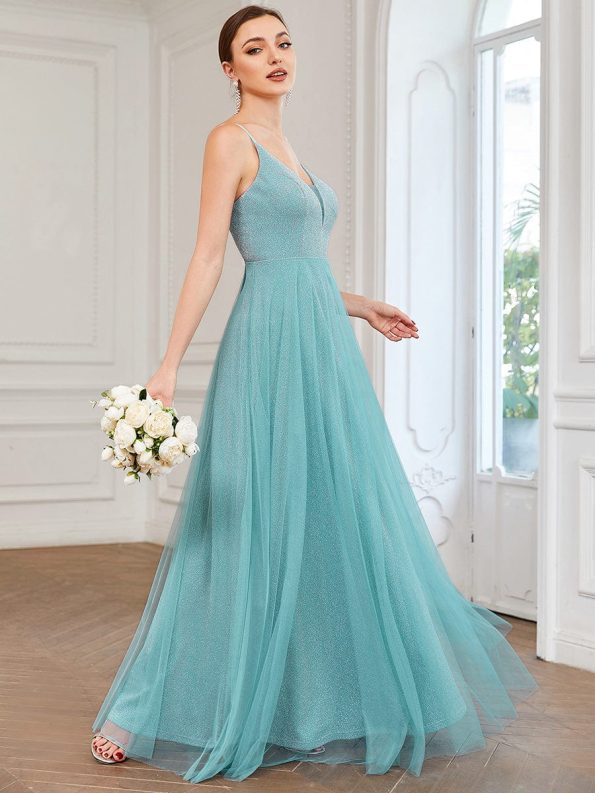 A-Line Sparkly V-Neck Illusion Panel Bridesmaid Dress - Dusty Blue