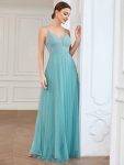 A-Line Sparkly V-Neck Illusion Panel Bridesmaid Dress – Dusty Blue