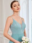 A-Line Sparkly V-Neck Illusion Panel Bridesmaid Dress – Dusty Blue