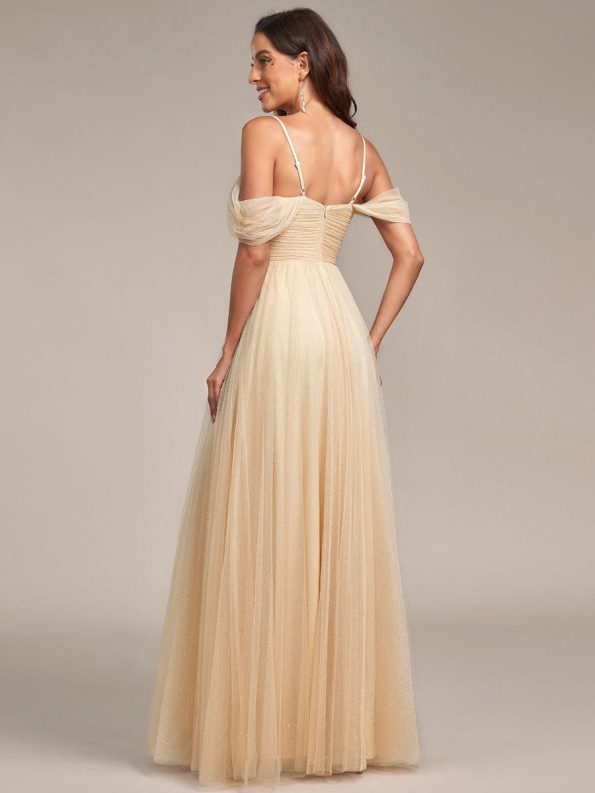 Cold Shoulder Spaghetti Strap Pleated Sequin Tulle Bridesmaid Dress - Gold