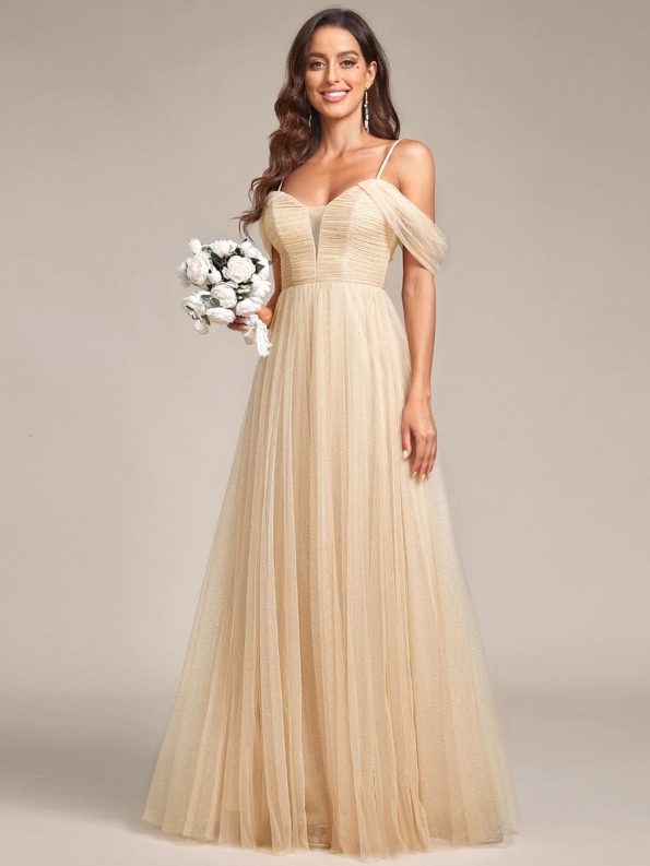 Cold Shoulder Spaghetti Strap Pleated Sequin Tulle Bridesmaid Dress - Gold