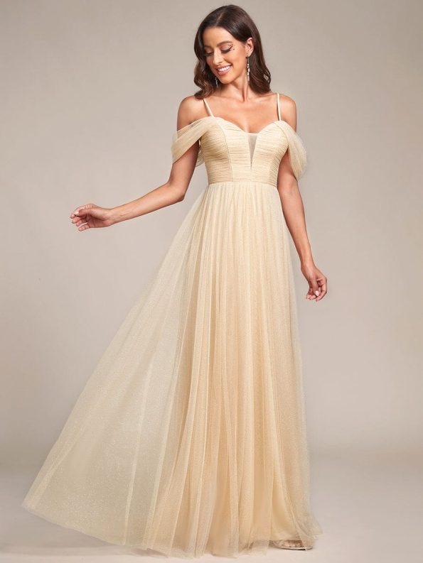 Cold Shoulder Spaghetti Strap Pleated Sequin Tulle Bridesmaid Dress - Gold