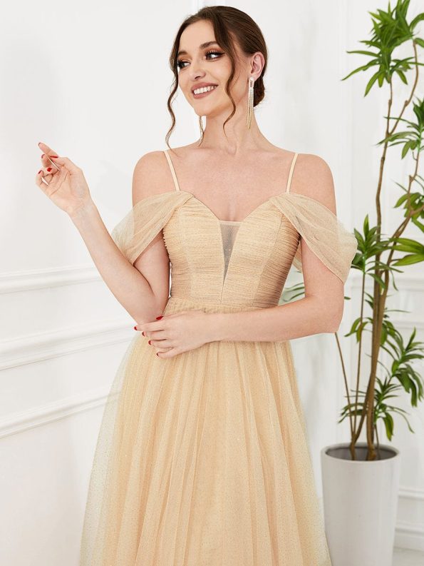 Cold Shoulder Spaghetti Strap Pleated Sequin Tulle Bridesmaid Dress - Gold