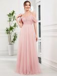 Cold Shoulder Spaghetti Strap Pleated Sequin Tulle Bridesmaid Dress – Pink