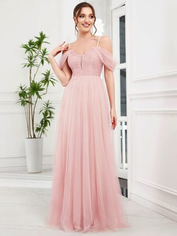 Cold Shoulder Spaghetti Strap Pleated Sequin Tulle Bridesmaid Dress - Pink