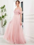 Cold Shoulder Spaghetti Strap Pleated Sequin Tulle Bridesmaid Dress – Pink