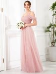 Cold Shoulder Spaghetti Strap Pleated Sequin Tulle Bridesmaid Dress – Pink