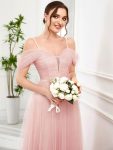 Cold Shoulder Spaghetti Strap Pleated Sequin Tulle Bridesmaid Dress – Pink