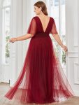 Pleated A-Line Short Sleeve Wide Waist Tulle Bridesmaid Dress – Burgundy