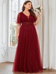 Pleated A-Line Short Sleeve Wide Waist Tulle Bridesmaid Dress – Burgundy