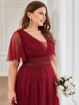 Pleated A-Line Short Sleeve Wide Waist Tulle Bridesmaid Dress – Burgundy